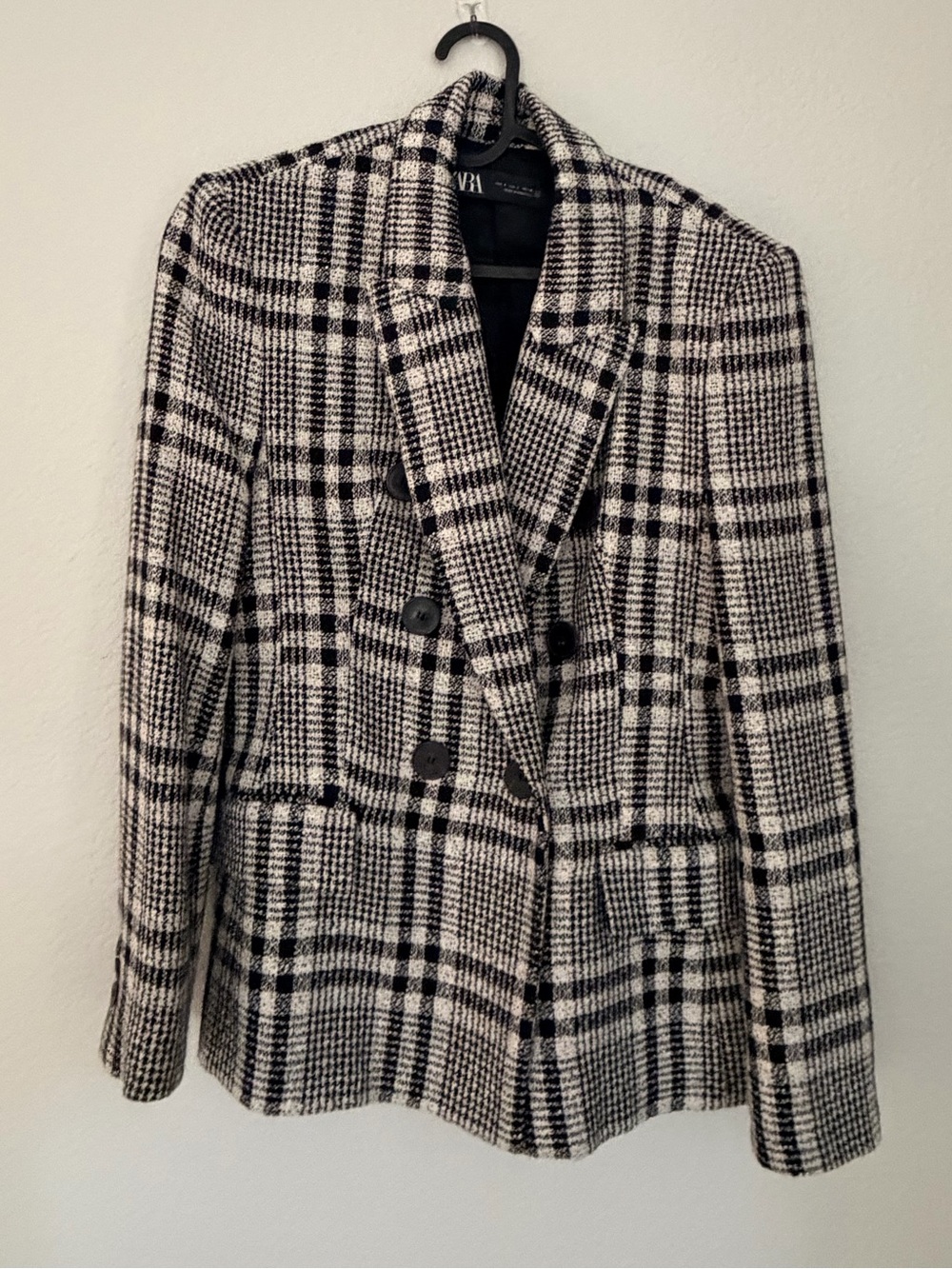Zara Black Beige Plaid Tweed Blazer Size S